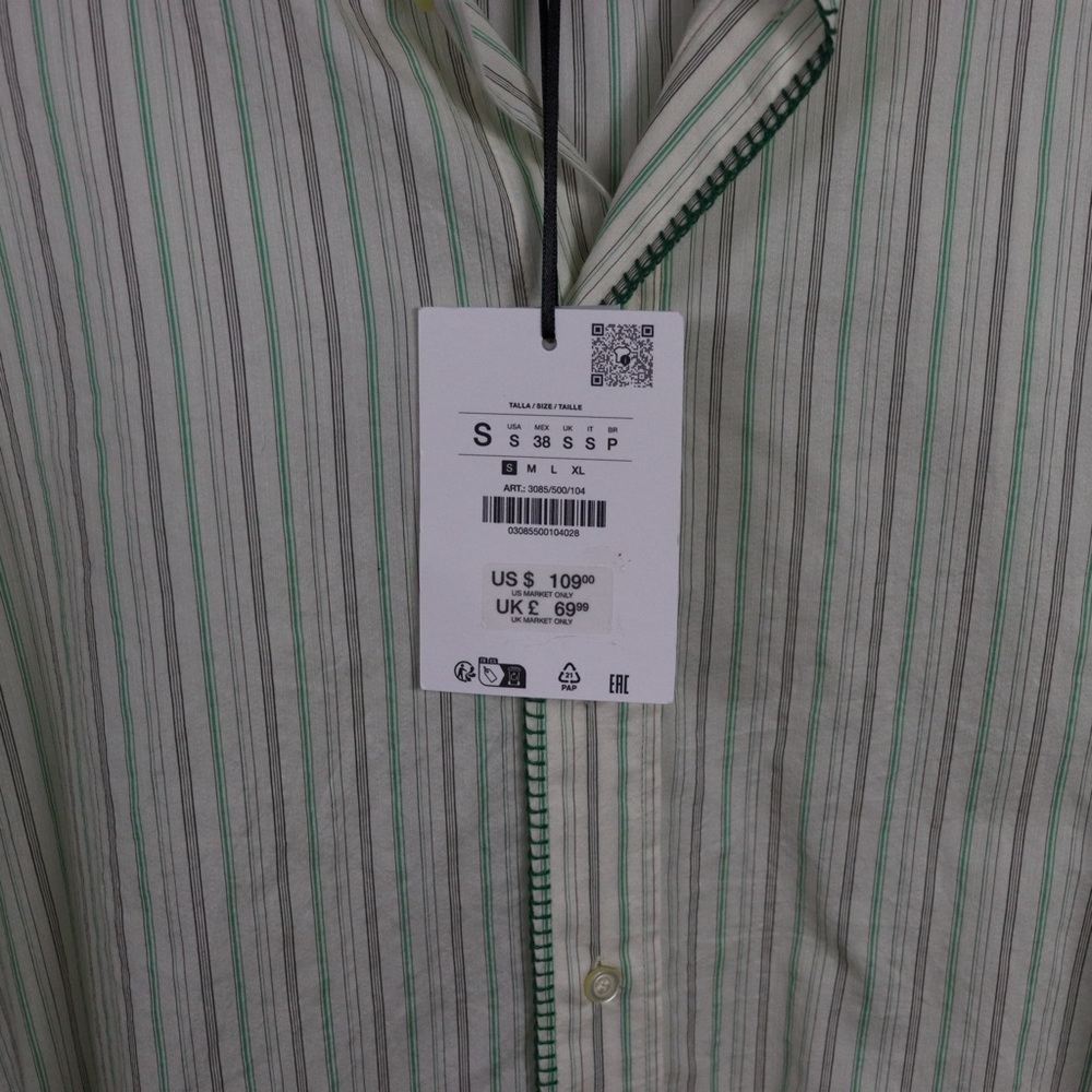Zara Green Striped Button Up Shirt Men’s Small NWT Lightweight Casual - Picture 7 of 10